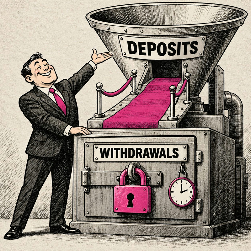 Democrawonk — A smiling corporate attendant welcomes deposits up a pink carpet while the withdrawal drawer is padlocked beside a clock.