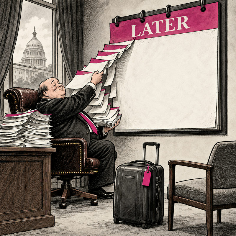 A relaxed official removes pages from a huge calendar marked LATER while a suitcase waits beside an empty chair.