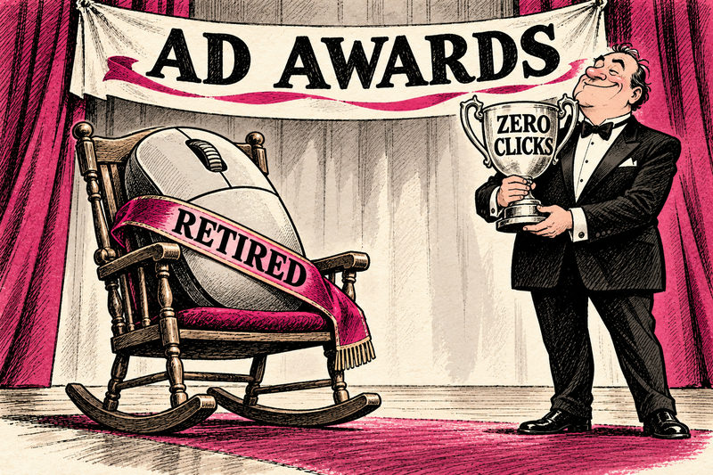At a fictional ad awards ceremony, a presenter holds a ZERO CLICKS trophy beside an oversized computer mouse resting in a rocking chair with a RETIRED sash.