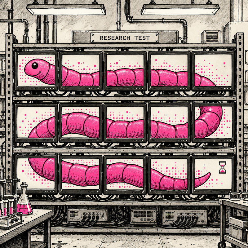 Black-ink editorial cartoon of fifteen televisions in a research laboratory, with a pink computer worm spread across their screens and a Research Test sign.