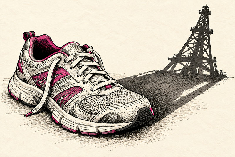 An empty synthetic sneaker casts a long shadow ending in the silhouette of an oil derrick.