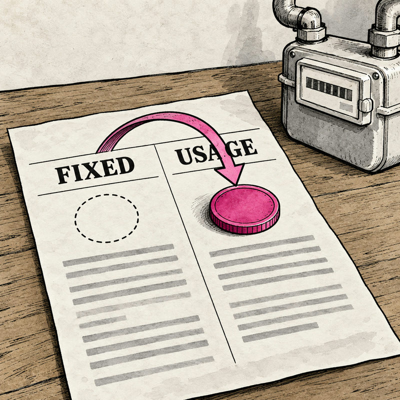 Democrawonk — A pink arrow moves a coin from the FIXED column to the USAGE column on a bill beside a gas meter.