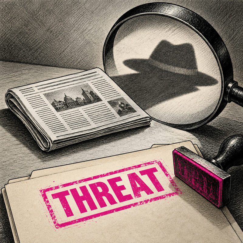 Democrawonk — A newspaper lies beside a magnifying glass containing a shadowy fedora silhouette; a folder in front bears a pink THREAT stamp.