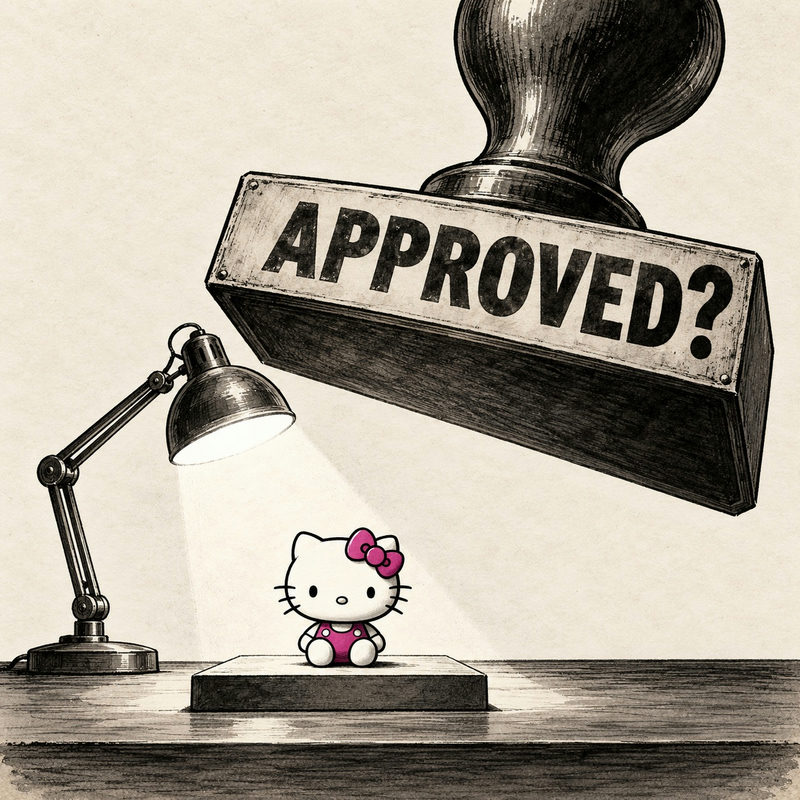 Democrawonk — A tiny Hello Kitty toy sits beneath an inspection lamp as an enormous rubber stamp marked APPROVED? looms overhead.