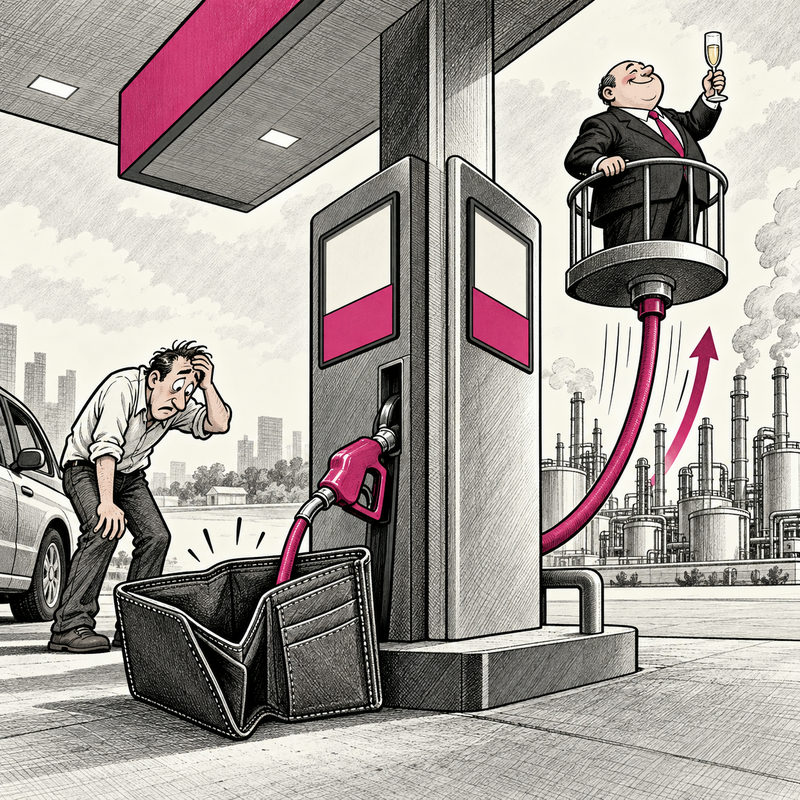 A fuel hose rises from an oversized empty wallet beside a worried driver to lift a smiling executive on a platform behind the pump.