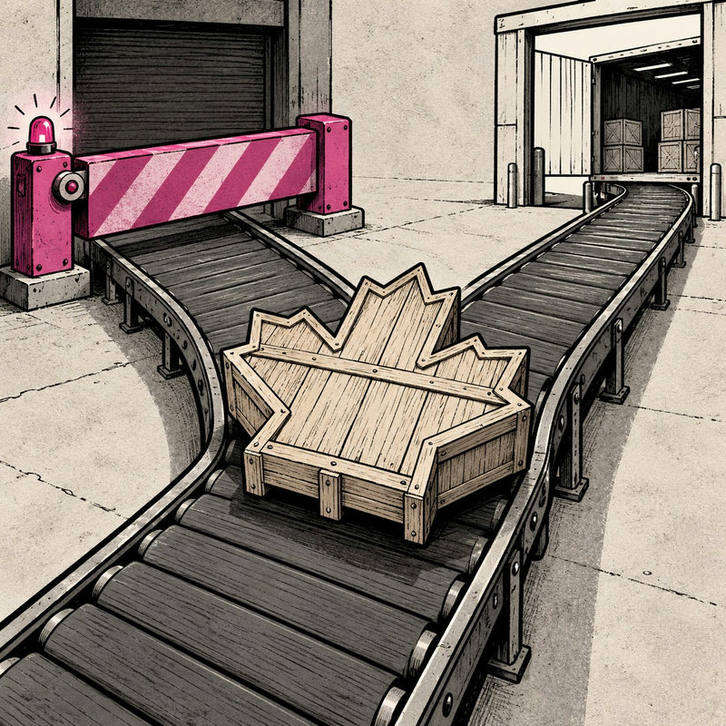 Democrawonk — A maple-leaf-shaped shipping crate sits at a conveyor fork between a pink barrier and an open loading dock.
