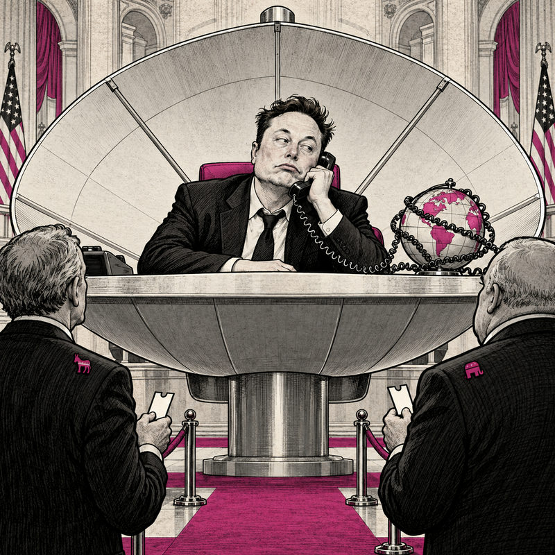 Democrawonk — Editorial cartoon of Musk at a satellite-shaped help desk while officials with donkey and elephant pins wait with tickets beside a globe tangled in a telephone cord.