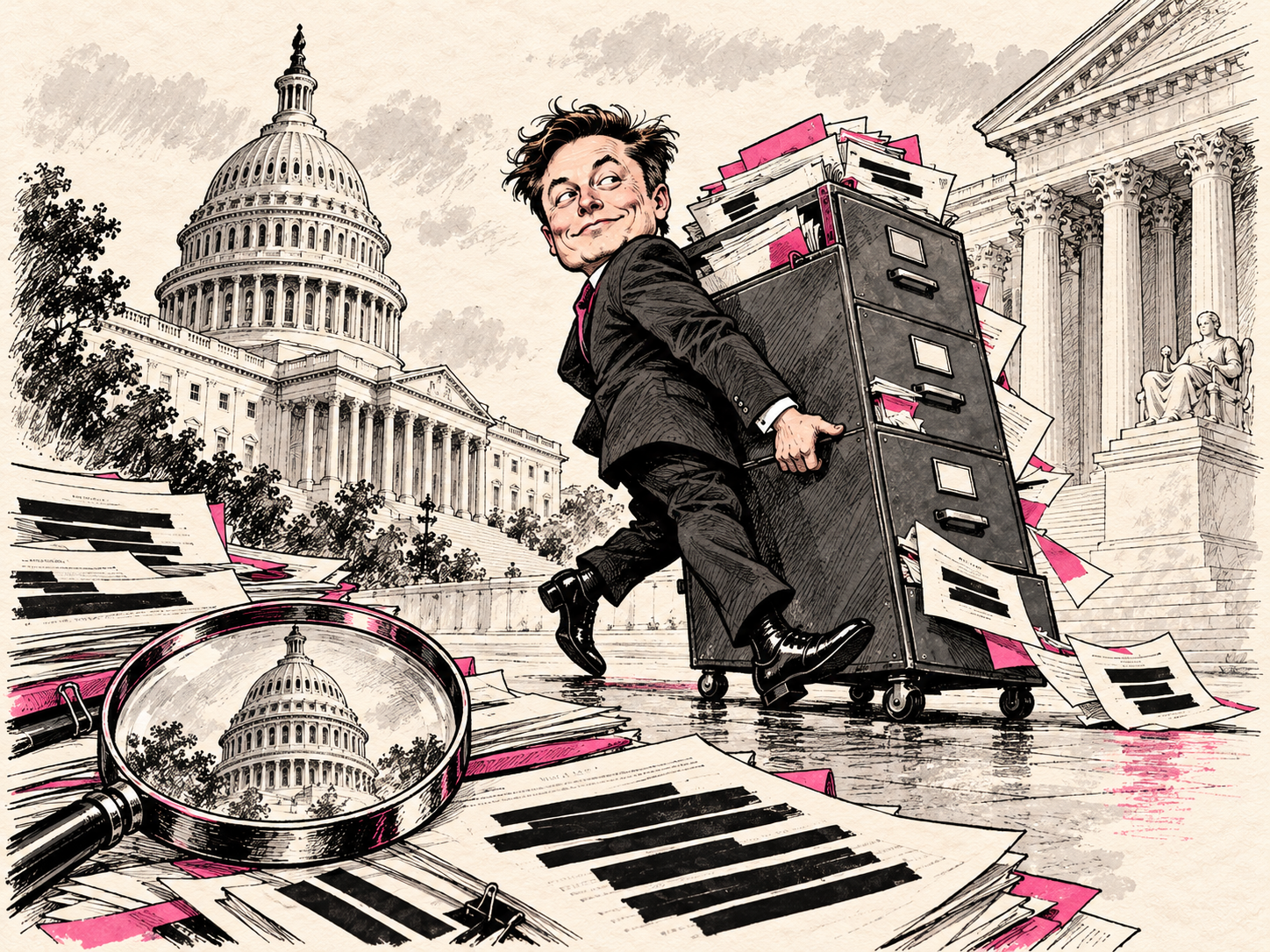 Satirical illustration of a filing cabinet being wheeled away from a courthouse