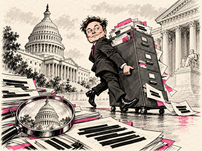 Satirical illustration of a filing cabinet being wheeled away from a courthouse