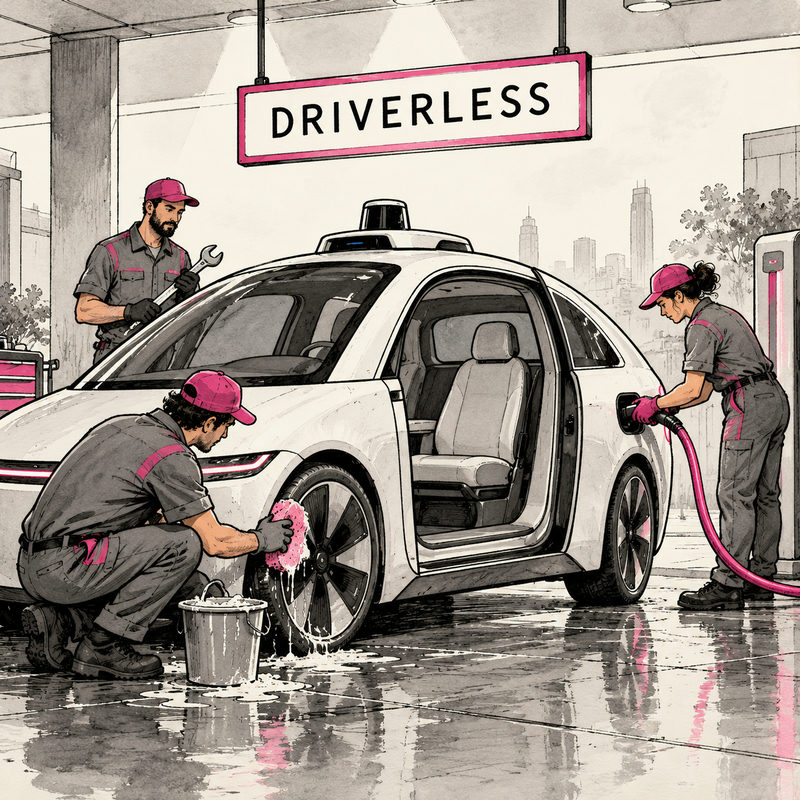 Three workers clean, charge and maintain a car with an empty front seat under a DRIVERLESS sign.
