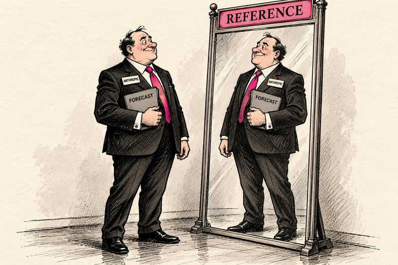 A fictional Anthropic executive holding a forecast admires his own reflection in a mirror labeled Reference.