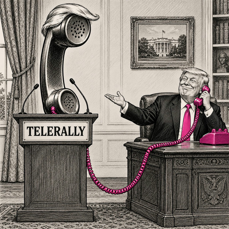 Democrawonk — Trump speaks by telephone to a giant handset wearing his recognizable hairstyle at a Telerally lectern.