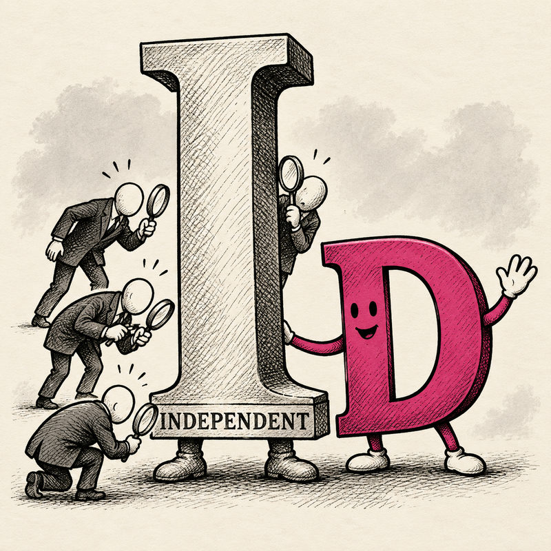 Democrawonk — A large independent letter I stands upright beside a friendly pink D while worried consultants inspect it with magnifying glasses.