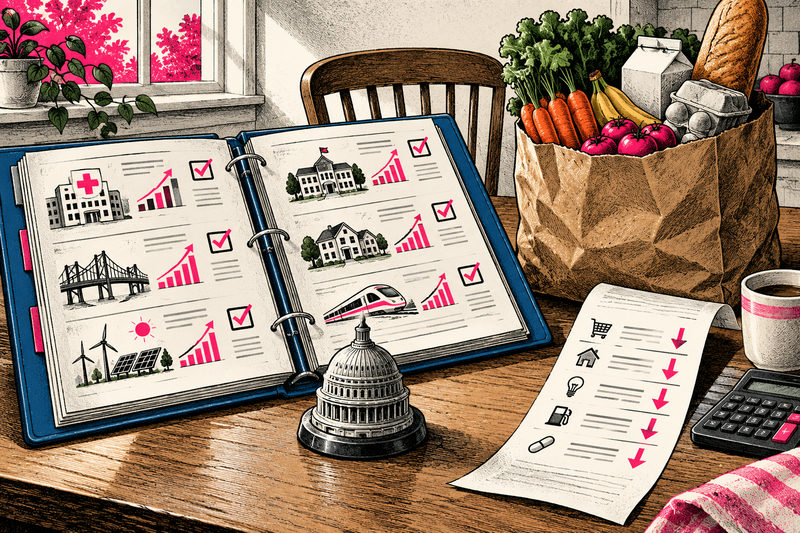 An open policy binder, groceries, and a household bill surround a small Capitol paperweight.