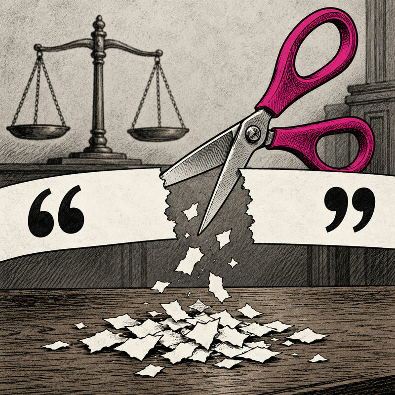 Democrawonk — Pink-handled scissors cut a quotation strip into scraps beneath courtroom scales.