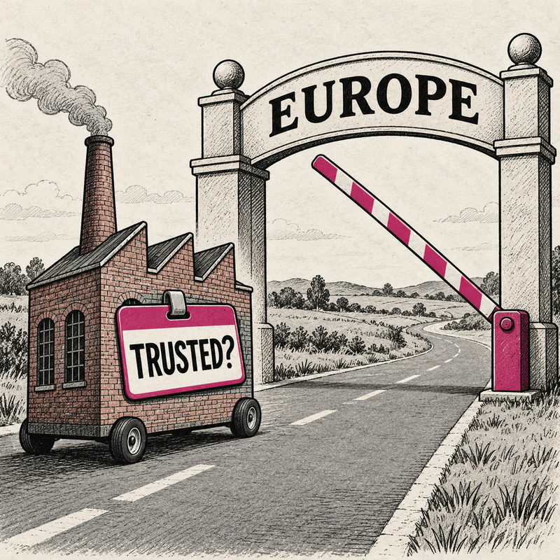 Democrawonk — A factory on wheels wearing a Trusted? badge waits at a half-raised Europe barrier.