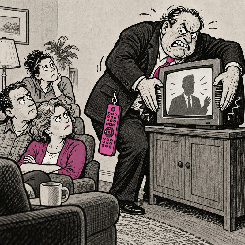 Democrawonk — A state official covers a television’s speakers while viewers watch his efforts to silence it.