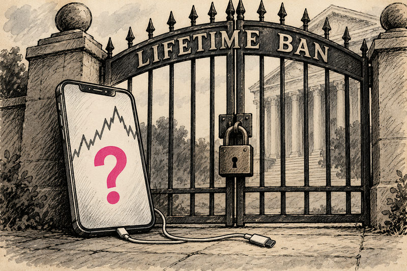 A locked gate marked Lifetime Ban faces a smartphone with a stock-chart line and large question mark.