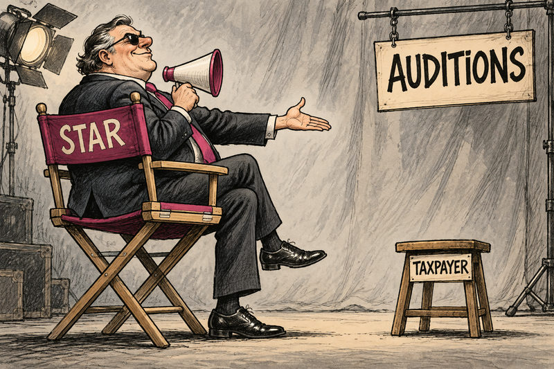 At an imagined audition, a producer in a tall chair labeled Star gestures toward a small empty stool labeled Taxpayer.