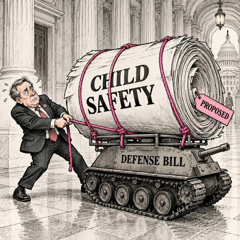 Democrawonk — A lawmaker straps an oversized proposed Child Safety bill onto a small tank labeled Defense Bill.