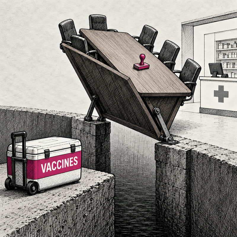 Democrawonk — An empty committee table acts as a raised drawbridge, leaving a wheeled VACCINES cooler waiting across a gap from a pharmacy.