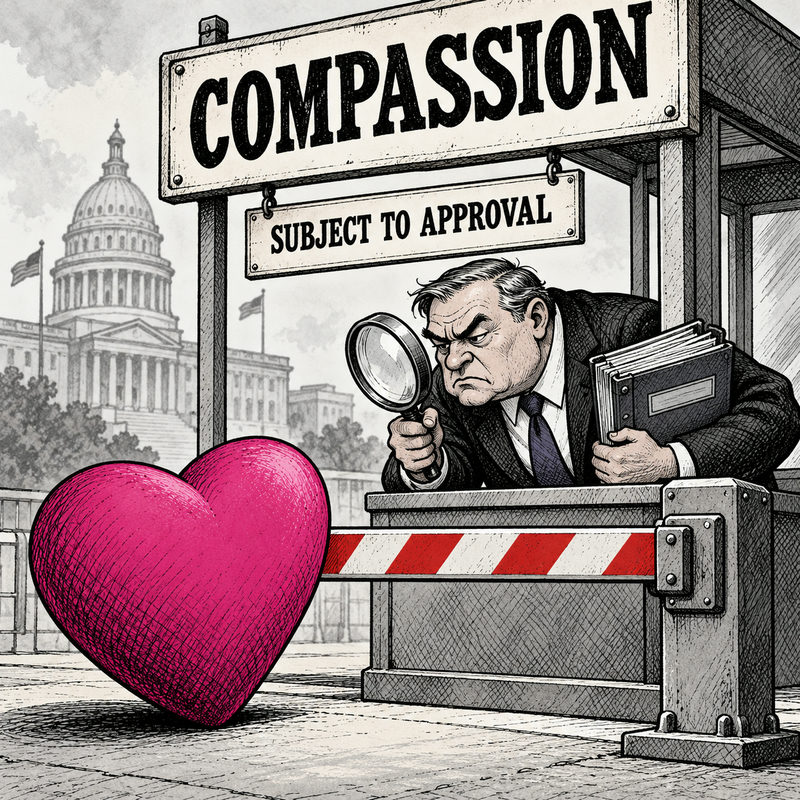 A large pink heart waits before a striped barrier while a suited gatekeeper examines it with a magnifying glass and holds a rulebook.