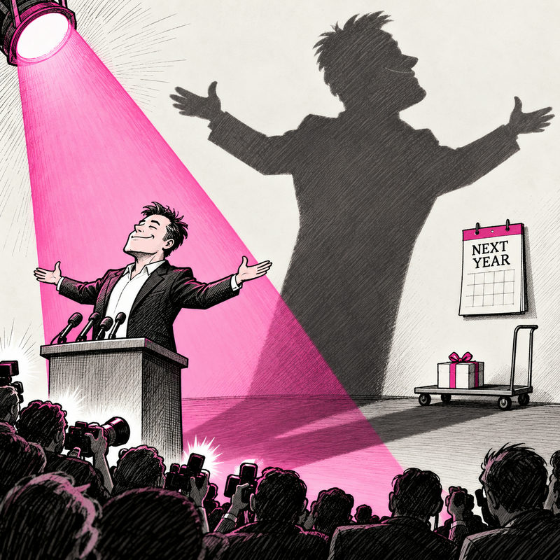 A billionaire speaker basks in a pink spotlight and casts a huge shadow while a small gift waits beside a NEXT YEAR calendar.