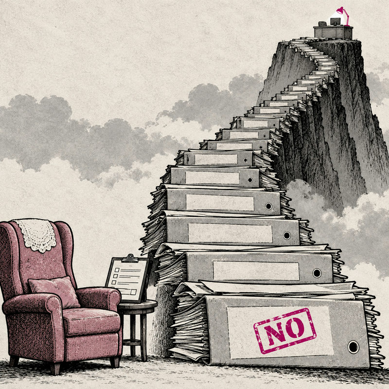 Democrawonk — An empty armchair and assessment clipboard face a staircase of files marked NO leading to a distant desk.