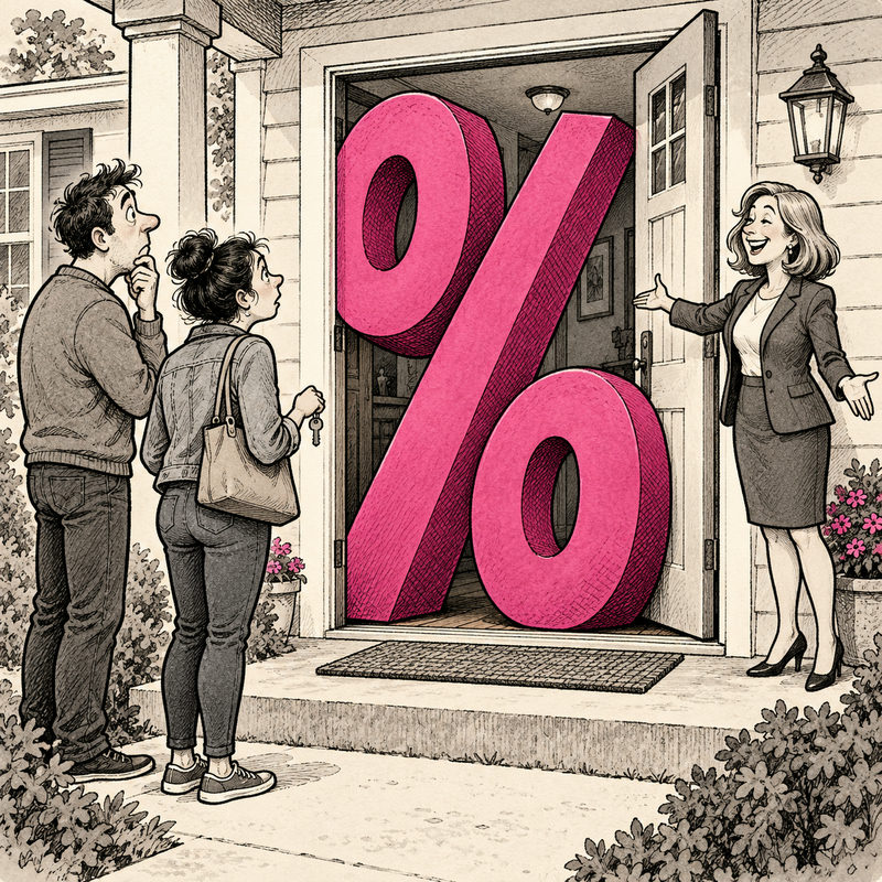 A cheerful real-estate agent welcomes two buyers to a house whose doorway is blocked by a giant pink percentage symbol.