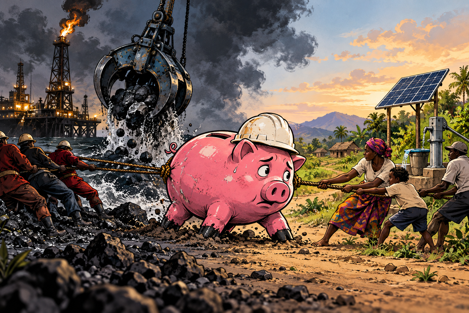 A development-bank piggy bank is pulled between an oil rig and mining claw on one side and village energy infrastructure on the other.