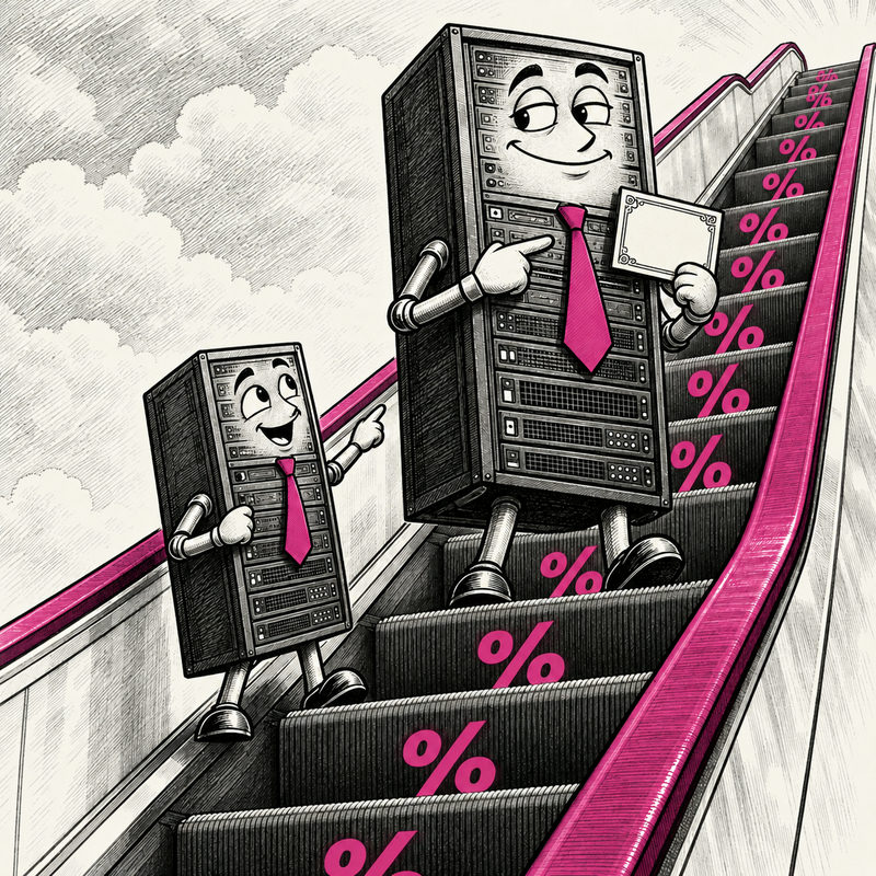 Democrawonk — A small server trusts a larger server’s reference card while both ride an escalator marked with percent signs.