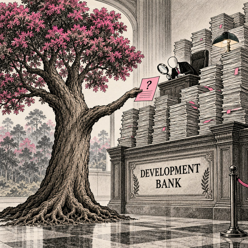 Democrawonk — A living tree offers a question-mark form to a small development banker surrounded by towering piles of paperwork.