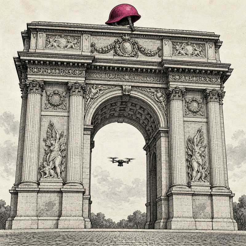 Democrawonk — An enormous ornamental arch wears a tiny pink military helmet while a small drone hovers in its open passage.