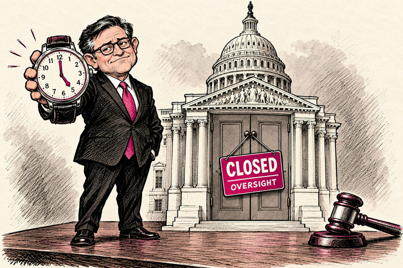 Ink caricature of Mike Johnson displaying a large watch beside miniature Capitol doors marked CLOSED / OVERSIGHT, with an unused gavel below.