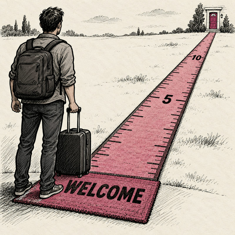 A traveler with a suitcase stands on a pink welcome mat stretched into a five-to-ten ruler leading to a distant door.