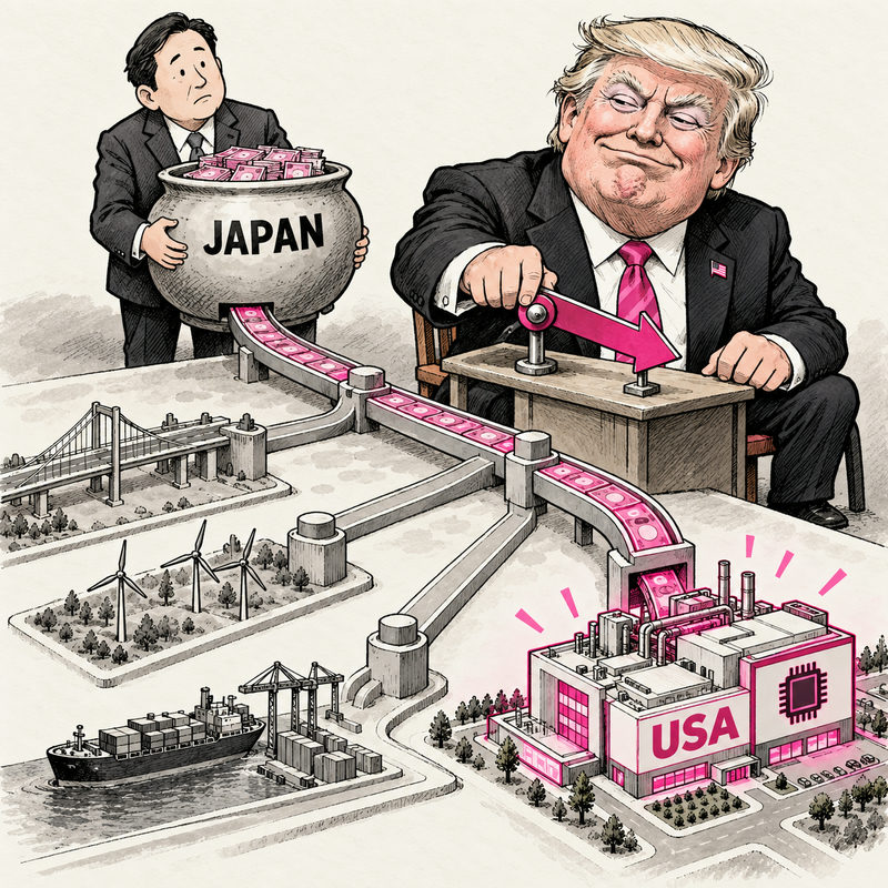 Cartoon of Trump directing Japanese financing toward a USA chip factory with a large pink selector.