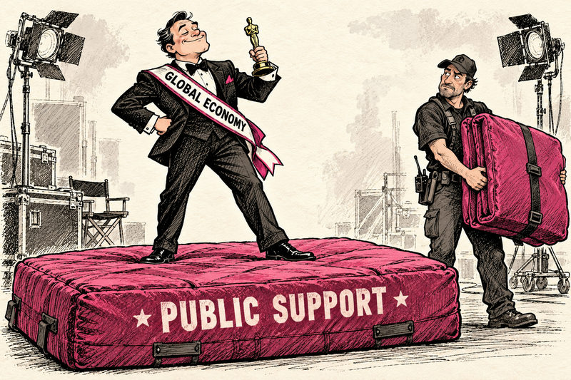 An imaginary GLOBAL ECONOMY movie star accepts a trophy while standing on a crash mat marked PUBLIC SUPPORT, beside a crew member carrying more padding.