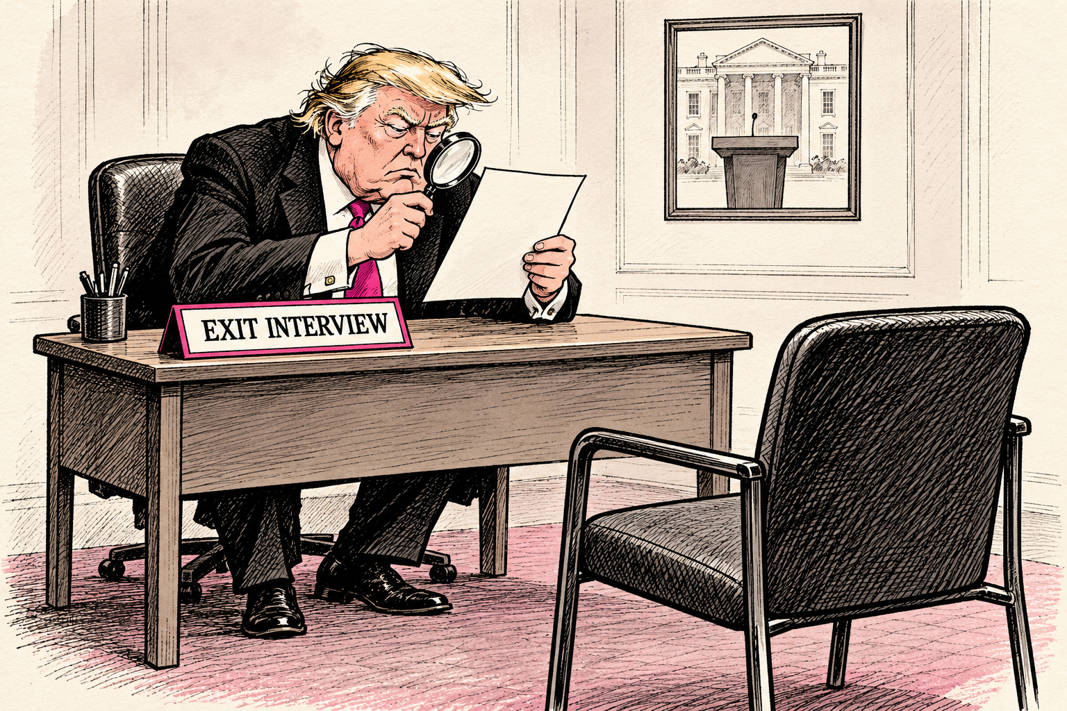 Trump examines a blank application with a magnifying glass behind an EXIT INTERVIEW sign, facing an empty chair.