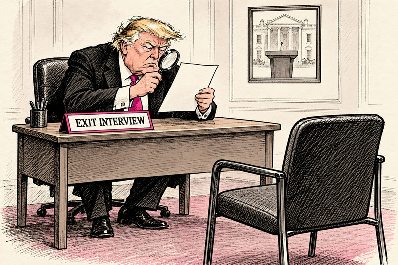 Trump examines a blank application with a magnifying glass behind an EXIT INTERVIEW sign, facing an empty chair.