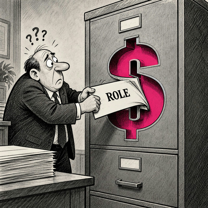 Democrawonk — A baffled bureaucrat tries to file a document labeled “ROLE” through a giant dollar-sign-shaped opening.