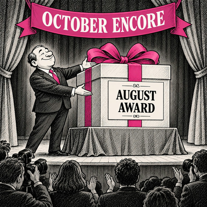Democrawonk — A press officer presents an August Award gift beneath an October Encore banner.