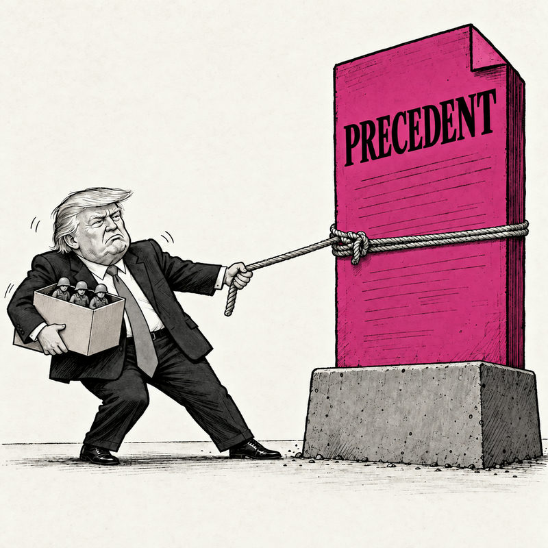 Democrawonk — A caricature of Donald Trump carries a box of tiny toy soldiers while pulling a rope around a giant pink document marked PRECEDENT that remains fixed in a concrete base.