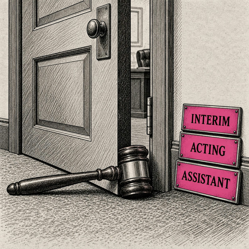 Democrawonk — A gavel blocks an office door beside pink plaques reading INTERIM, ACTING and ASSISTANT.
