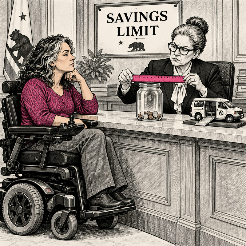Democrawonk — A California clerk measures above a small savings jar with a pink ruler while a woman using a powered wheelchair waits beside a model accessible van.