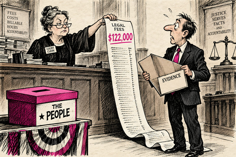Satirical illustration accompanying “Election Denial Meets a $122,000 Invoice”