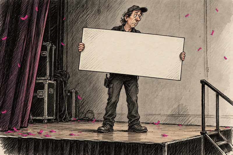 A weary fictional stagehand holds the blank back of an oversized novelty check amid sparse confetti.