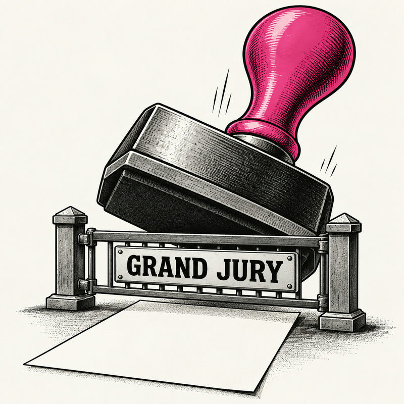 Democrawonk — A gate labeled GRAND JURY blocks an oversized pink-handled rubber stamp above blank paper.
