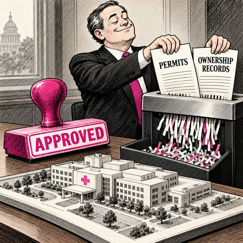 Democrawonk — A smiling official shreds Permits and Ownership Records beside an Approved stamp and a hospital model.