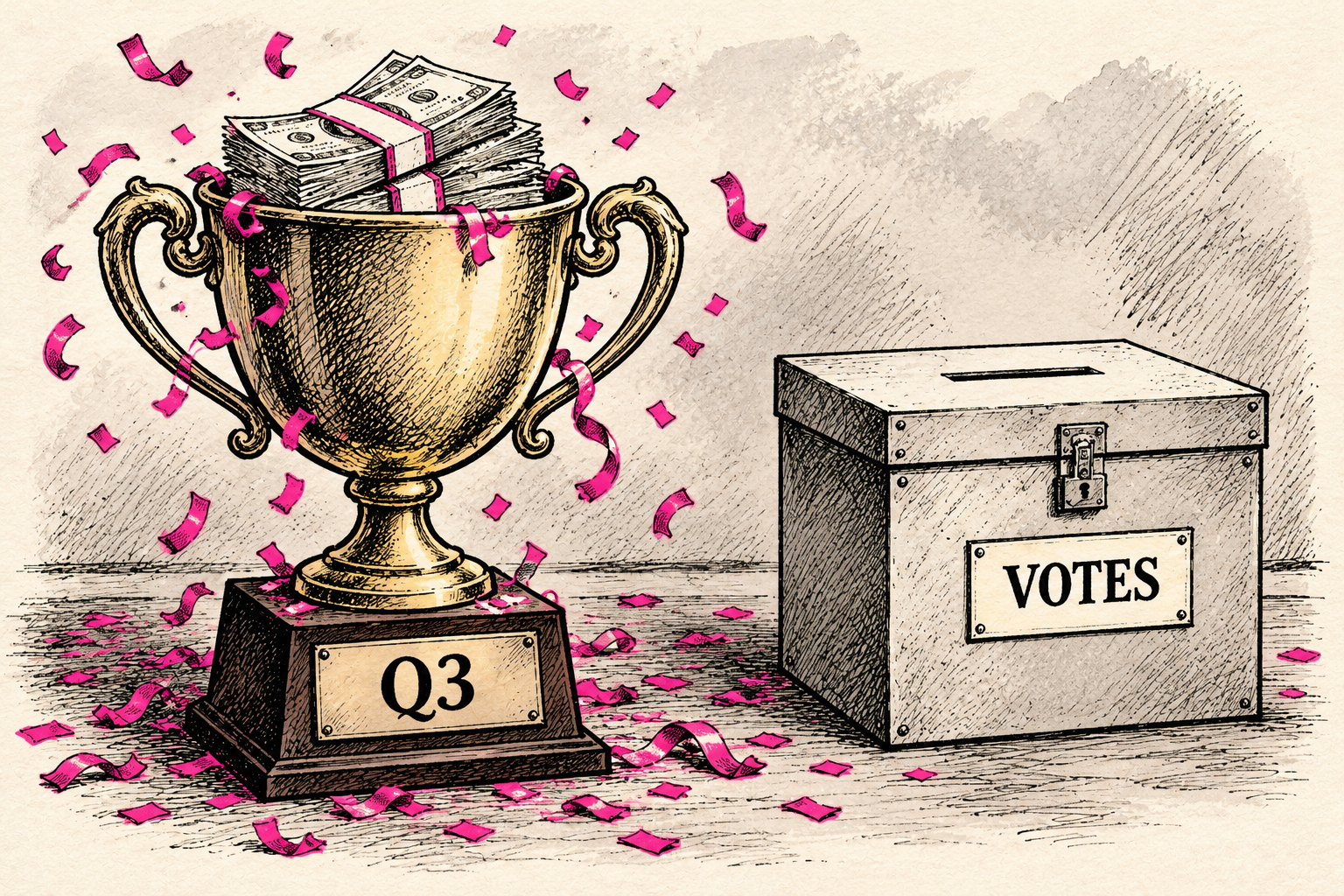 A cash-filled trophy marked Q3 receives pink confetti beside a separate undecorated ballot box labeled Votes.