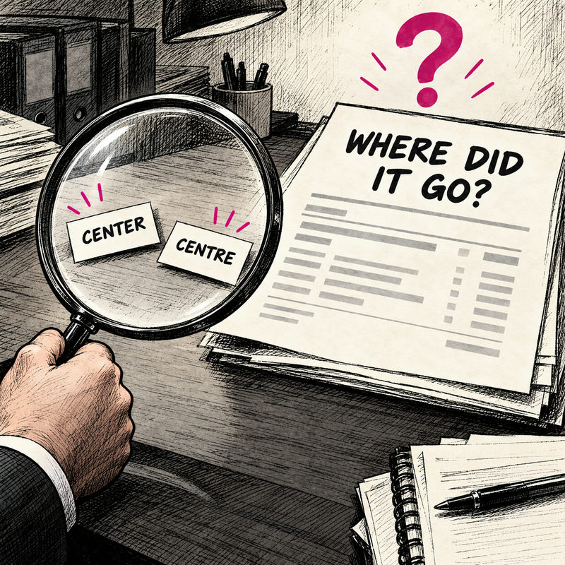 A magnifying glass studies CENTER and CENTRE cards while a document headed WHERE DID IT GO waits beside a pink question mark.
